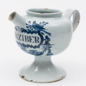 An English blue and white delft wet drug jar: with 'songbird' cartouche and inscribed 'S:Zinziber'