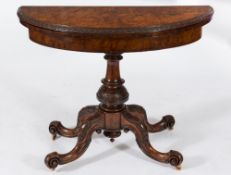 A Victorian carved and burr figured walnut half round card table:,