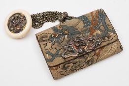 A Japanese silver and enamel mounted tobacco pouch and ivory Kagamibuta netsuke: the pouch