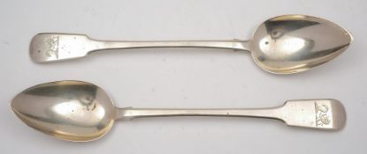 A pair of George IV provincial silver fiddle pattern basting spoons, maker William Woodman, Exeter,
