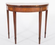 A 19th Century satinwood, tulipwood crossbanded and inlaid half round card table:,