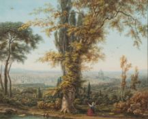 Auguste Etienne Francois Meyer [1805-1890, French]- Rome from Mount Mario, figure before a shrine,