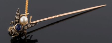 A late 19th century gold, sapphire, pearl and diamond 'fly' motif stick-pin: with fitted case.