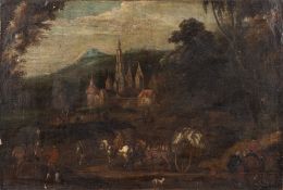 German School 18th Century- Travellers in an upland landscape, fortified castle in middle distance,