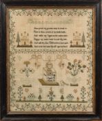 A 19th century family group of three samplers: worked in coloured silks of greens, browns,