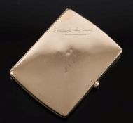 A 9ct gold rectangular cigarette case: inscribed 'Squeak Squeak', 81mm long, 63gms gross weight.