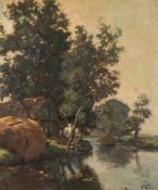 * Johannes Elsinga [1893-1969] - Hay barge on a waterway:- signed oil on canvas 64 x 53cm.