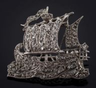 A rose diamond mounted galleon brooch: pave-set throughout and approximately 25mm long,