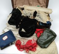A Spanish lace mantilla: assorted lace edging, a Victorian black silk bodice, veil, two silk shawls,