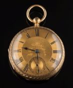 A gentleman's 18ct gold key-wound open face pocket watch: the foliate engraved and engine-turned