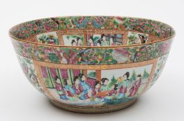 A Canton porcelain bowl: of deep circular form the interior and exterior enamelled in the famille