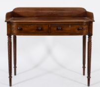 A Regency mahogany and inlaid bow fronted washstand:, with a three quarter ledge back,