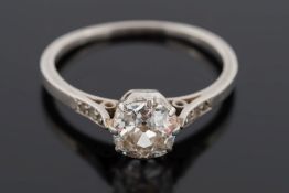 A diamond single-stone ring: with cushion shaped, old brilliant-cut stone approximately 0.