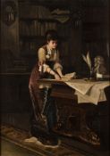 Thomas Musgrave Joy [1812-1866]- Young lady studying in a library interior:- signed with a