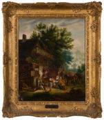 Dutch School 18/19th Century - A busy scene outside a tavern: Figures at a cottage door: a pair,