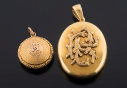 An 18ct gold oval locket: with applied rusticated monogram and a circular locket,
