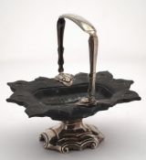 A Dutch black basalt and silver mounted swing-handled pedestal dish: of rectangular outline with