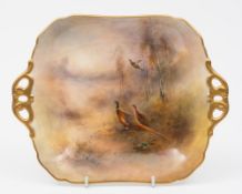 A Royal Worcester sandwich plate: of rectangular form and enamelled by James Stinton with pheasant