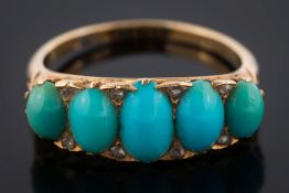 A late 19th century gold and turquoise five-stone ring: with graduated oval stones in