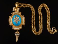 A mid/late Victorian enamelled gold and split pearl oval pendant: the central domed oval panel