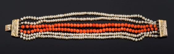 A 19th century seed pearl and coral mounted six string bracelet: with gold rectangular clasp,