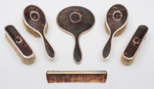 A near set of silver and tortoiseshell dressing table wares, maker Deakin & Francis Ltd, Birmingham,