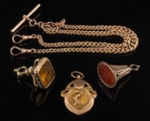A 9ct gold graduated curb-link watch chain together with a 15ct gold bowling medal and two fob