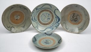 Four Chinese provincial bowls: each of shallow form painted in blue with calligraphic designs,