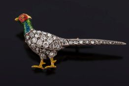 An enamelled gold and diamond-set 'pheasant' brooch: the cock bird with brightly coloured enamelled