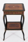 A 19th Century French ebonised, amboyna, inlaid and gilt metal mounted rectangular table:,