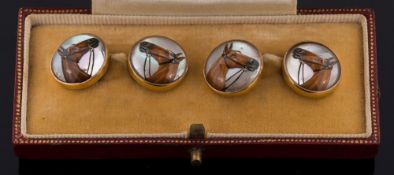 A pair of gold and reverse painted crystal intaglio horse portrait cuff-links: each circular