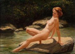 * Joseph Plank [20th Century]- 'A dip in the stream': signed oil on canvas 77 x 107cm