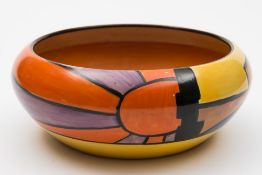 A Clarice Cliff pottery bowl in the Sunray (Night & Day) pattern: boldly decorated above a broad