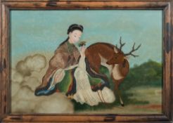 A Chinese reverse painting on glass: depicting a seated girl seated beside a deer,