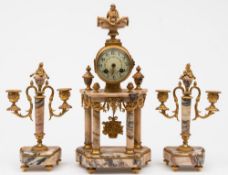 A French pink marble clock garniture: the eight-day duration movement striking the hours and