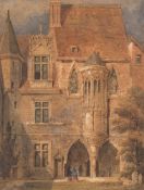 Circle of Joseph Nash [1809-1878]- Figures standing under a Gothic arch:- indistinctly signed
