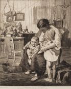 * William Lee Hankey [1869-1952]- Temps Difficile; a mother bathing two children:- etching,