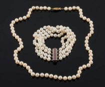 A cultured pearl four-string bracelet: with cultured pearls approximately 5.