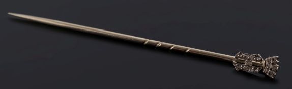 A rose diamond crowned initial 'H' stick pin: approximately 60mm total length, in fitted case.