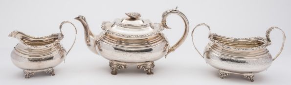 A George III silver three-piece teaset, maker CF possibly Crispin Fuller or Charles Fox I, London,