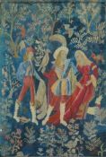 A large faux Belgian medieval-style tapestry: the painted hessian panel decorated with a figures in