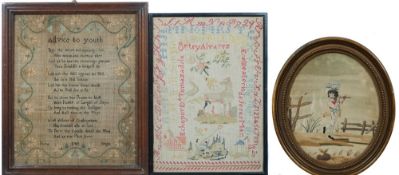 A George III silk work sampler: the central verse 'Advice to Youth' enclosed by a floral meander