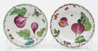 Two Chelsea porcelain plates: of circular form with feather moulded rim enamelled with figs,