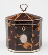A 19th century blonde tortoiseshell and ivory strung tea caddy: of lozenge-shaped outline,