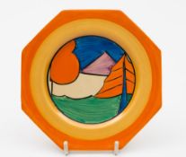 A Clarice Cliff pottery plate in the Luxor pattern: of octagonal form decorated with exotic trees