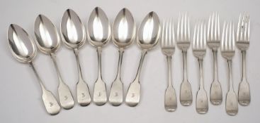 A set of six Victorian provincial silver fiddle pattern dessert spoons; maker John Langdon, Exeter,