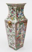 A Canton porcelain vase: of shouldered square profile with lion mask and ring handles,