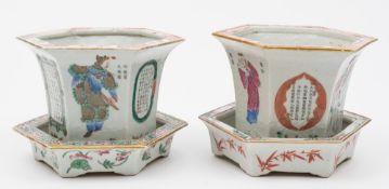 A pair of Chinese famille rose hexagonal small jardinieres with matched stands: painted with