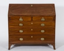 A George IV mahogany and inlaid bureau:, bordered with sycamore and boxwood lines,