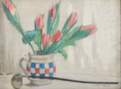 Hugh Wallis [1871-1943]- Still life of red tulips in a jug and a ladle on a ledge:- signed oil on